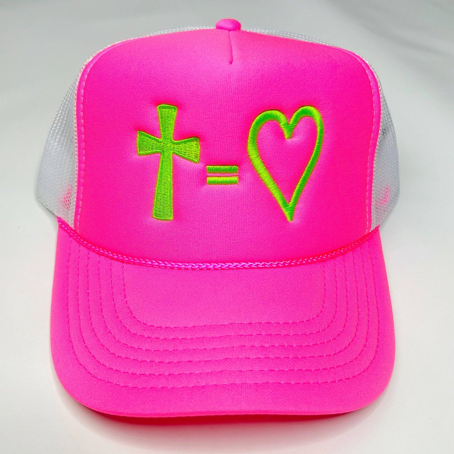Cross = Heart Trucker Hat: Pink/White - Neon Green Thread
