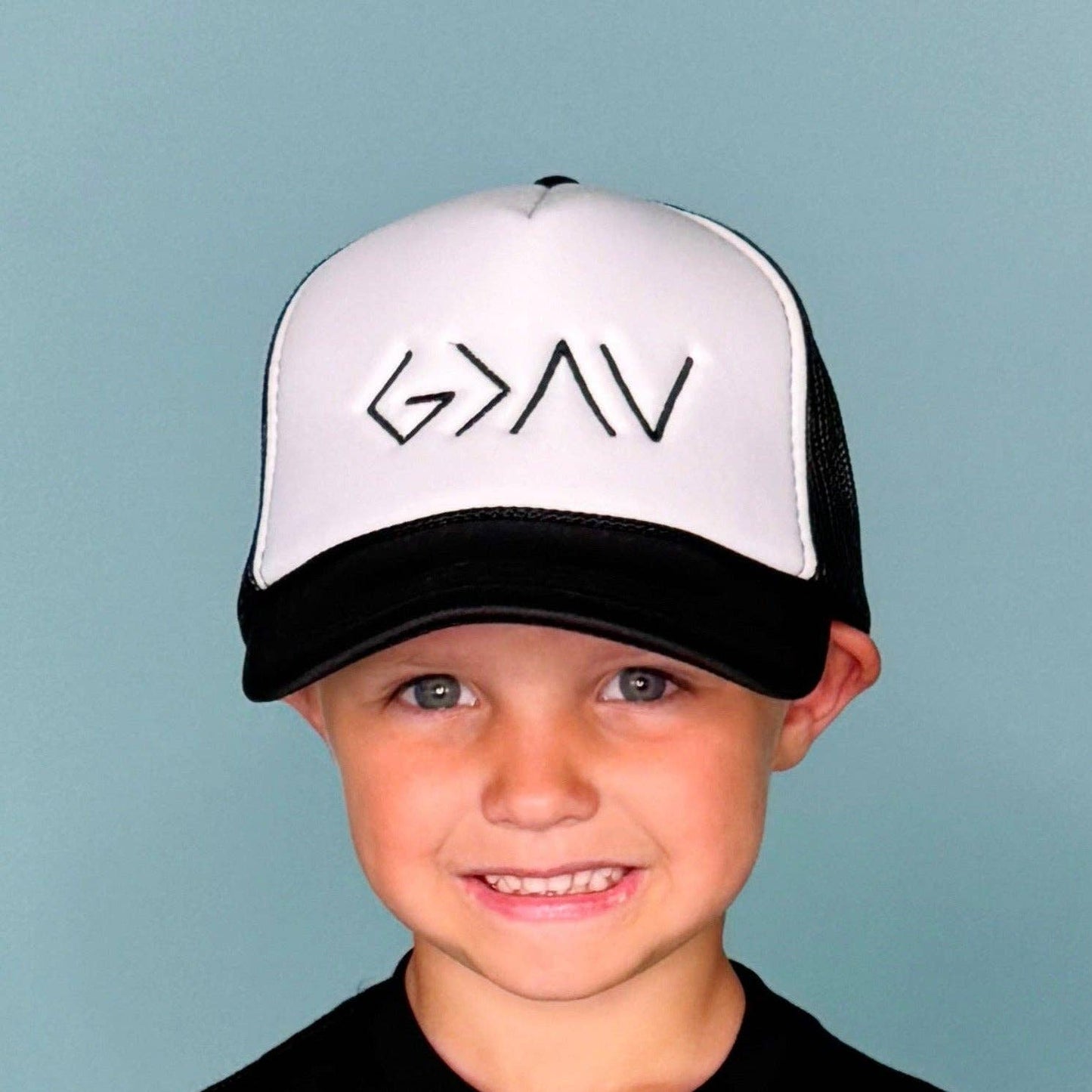 God is Greater Than Highs and Lows Youth Trucker Hat: Black