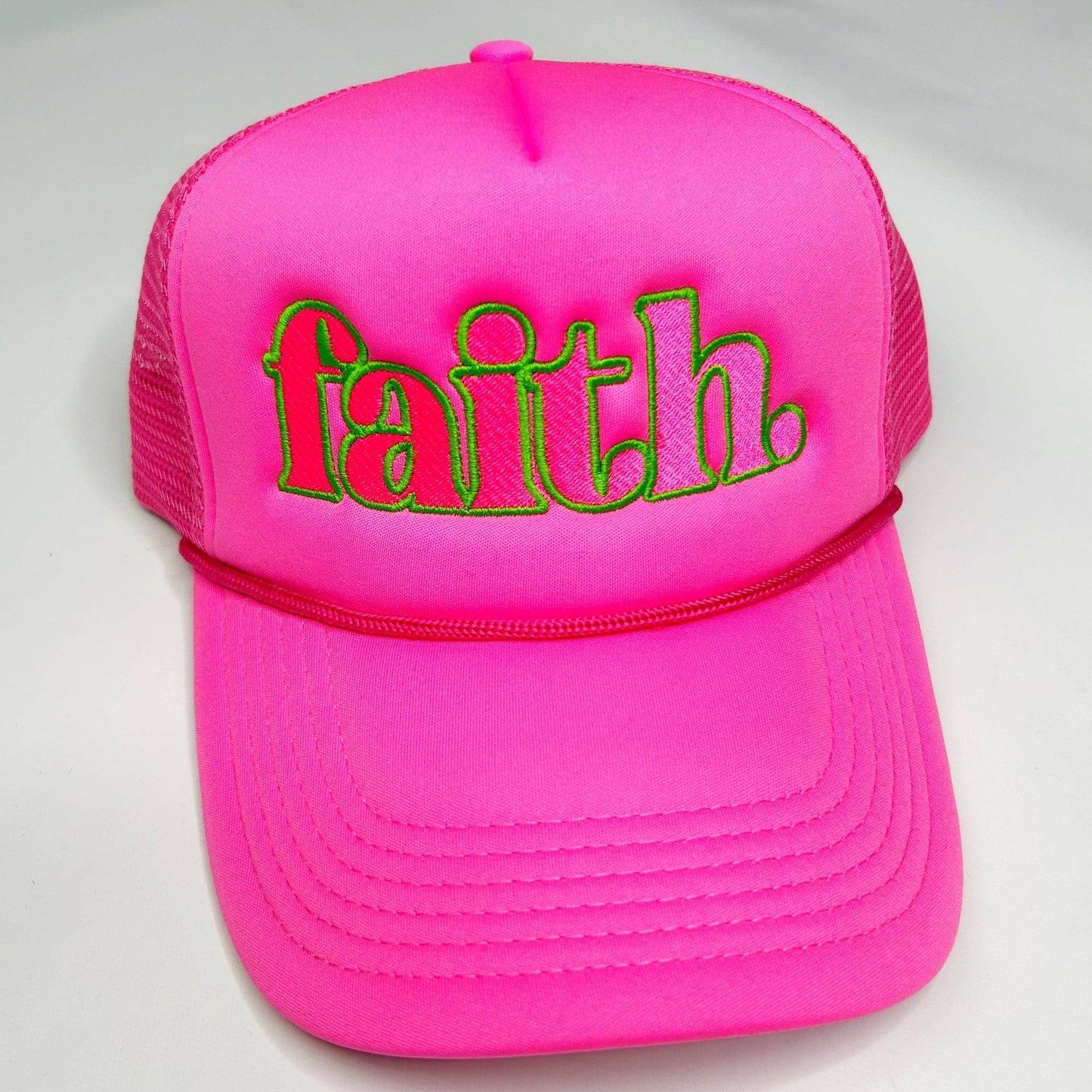 Neon faith. Trucker Hat: Hot Pink - pink/green Thread