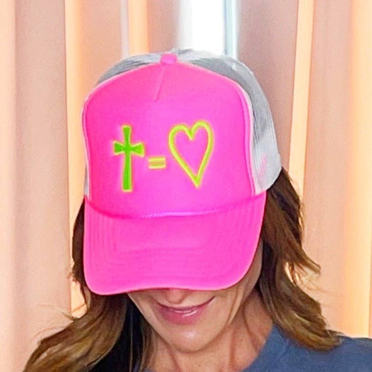 Cross = Heart Trucker Hat: Pink/White - Neon Green Thread
