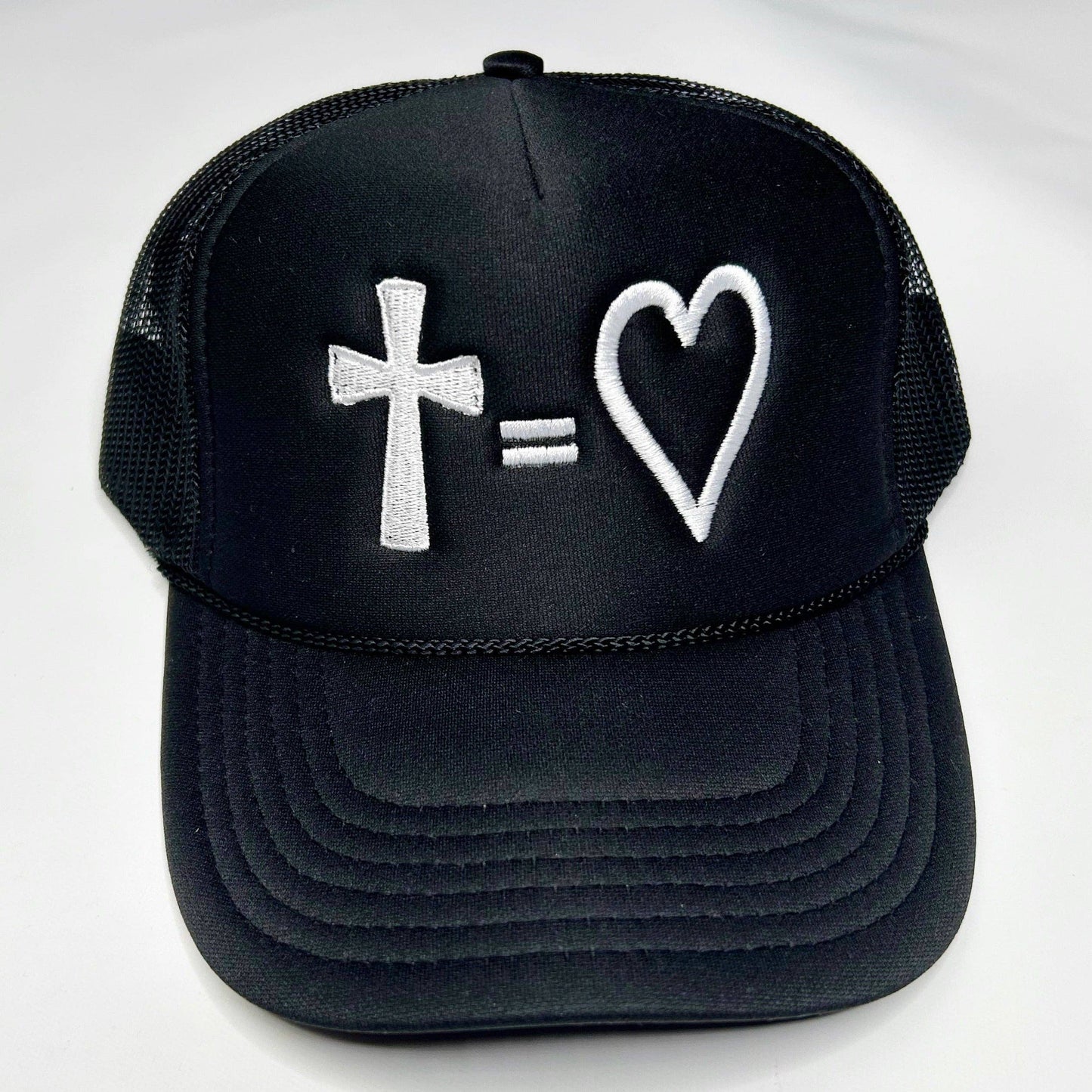 Cross = Heart Trucker Hat: Pink/White - Neon Green Thread