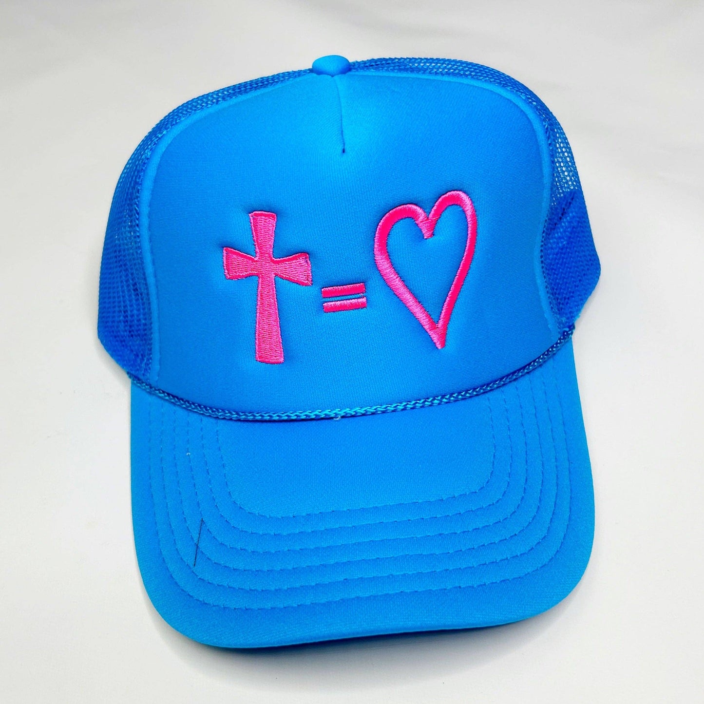 Cross = Heart Trucker Hat: Pink/White - Neon Green Thread