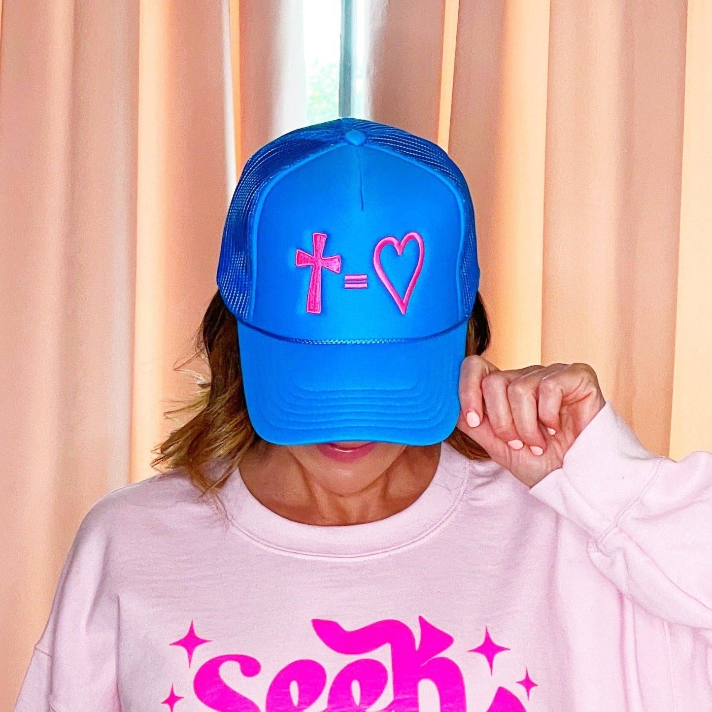 Cross = Heart Trucker Hat: Pink/White - Neon Green Thread