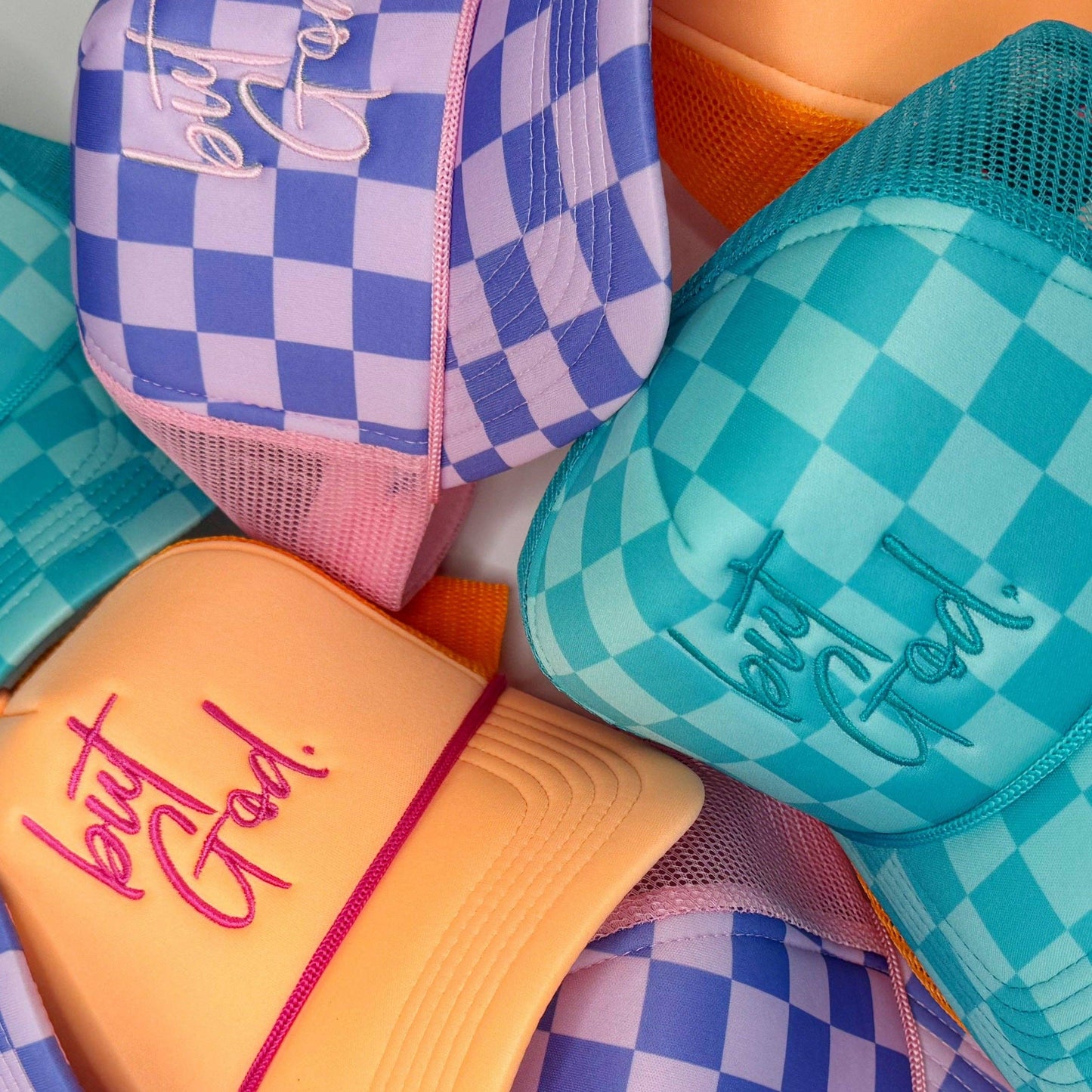 But God. Trucker Hat: Orange/Pink