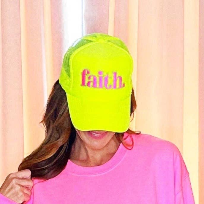 Neon faith. Trucker Hat: Hot Pink - pink/green Thread
