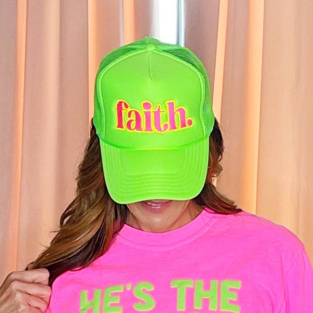 Neon faith. Trucker Hat: Hot Pink - pink/green Thread